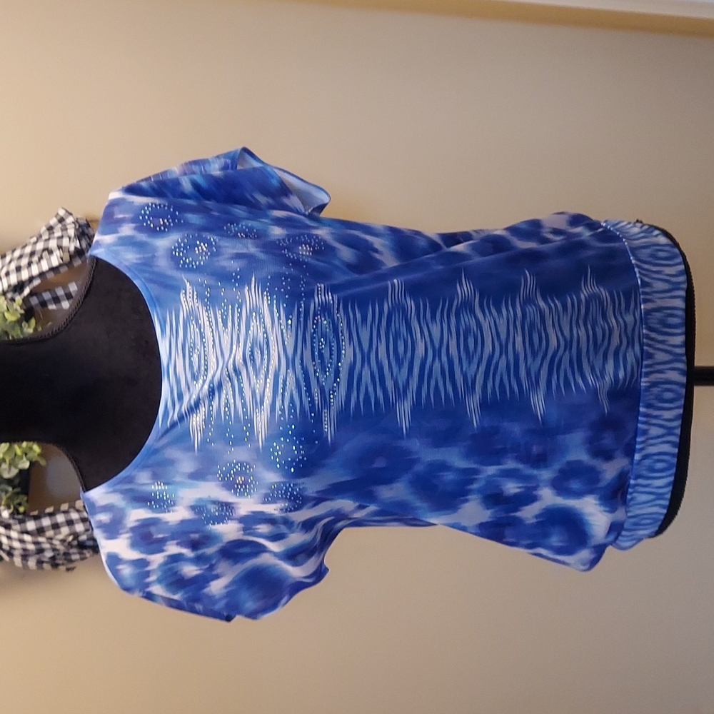 Chico's Blue and White Printed Short Sleeve Rhinestone Top